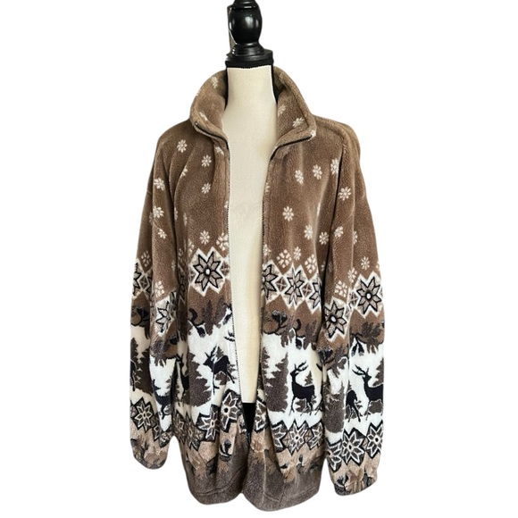VTG. Mazmania Sherpa Fleece Zipper front Winter Deer/Trees Scene Jacket. Sz. XL - Picture 3 of 8